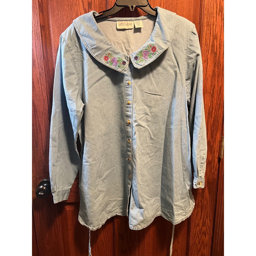 Oh! Mamma Womens Blue Denim Floral Embroidered Maternity Button Down Shirt L